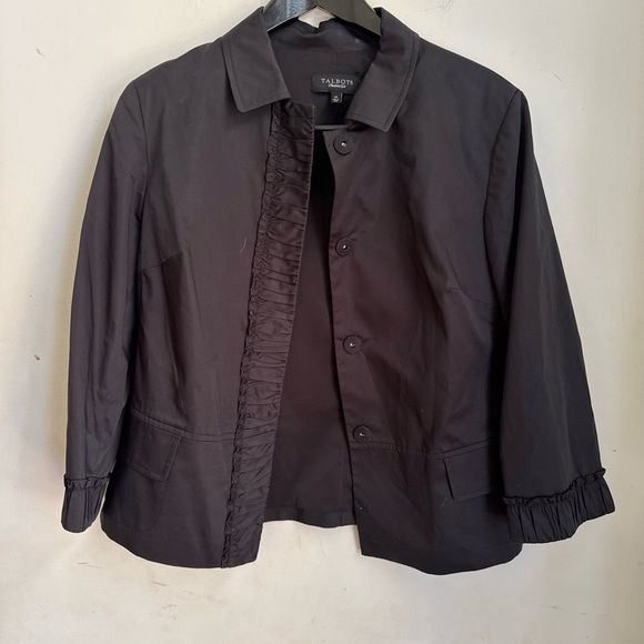Talbots Women’s Black Cotton Blend Ruched Trim Raffled Lined Pockets Jacket 14 - Picture 4 of 5